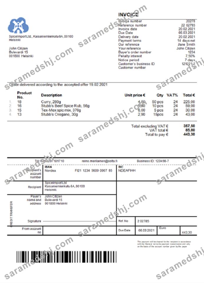 Finland SpiceImport Ltd invoice